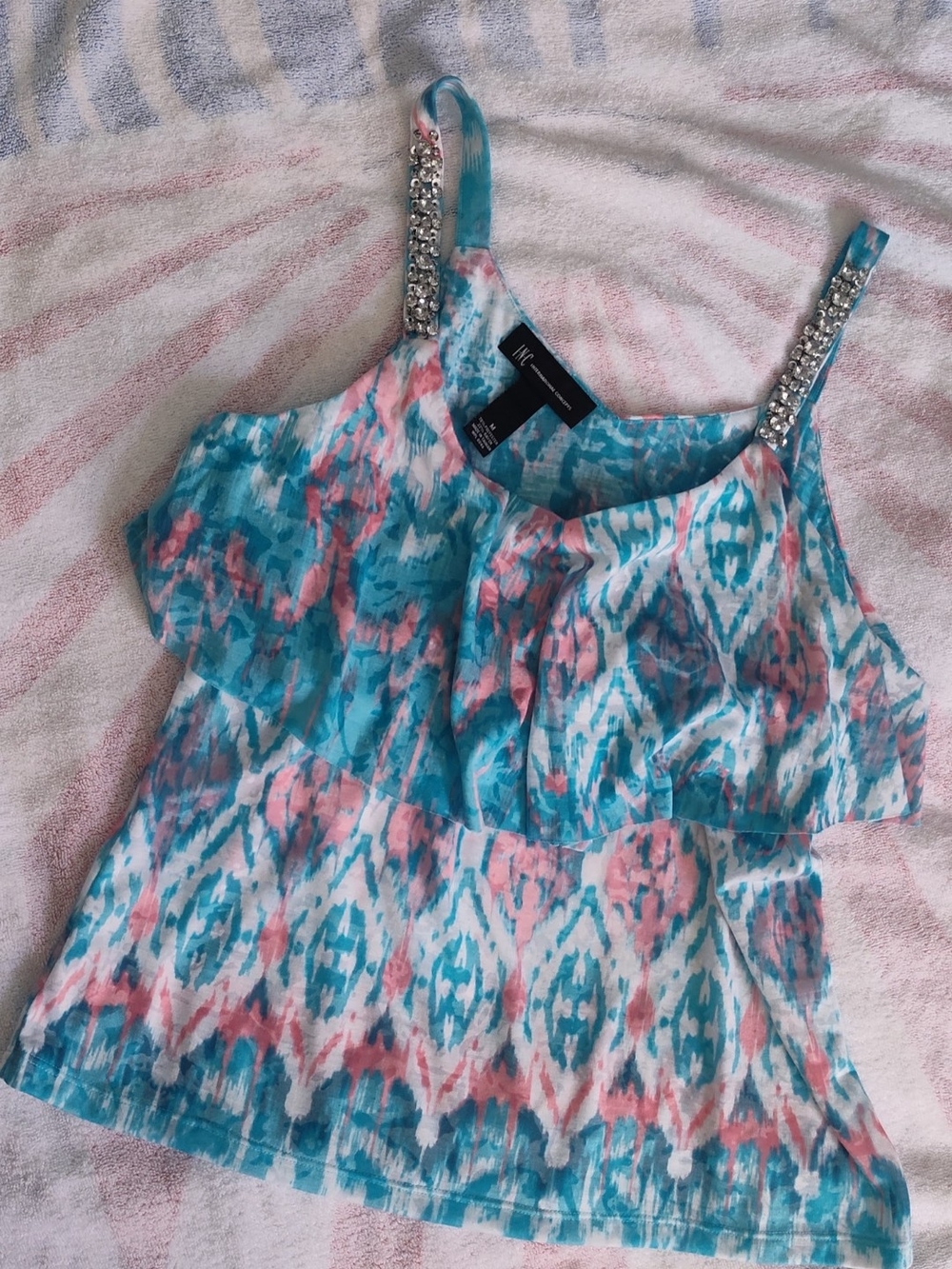 INC International Concepts Blue and Pink Printed Ruffle Tank with Jeweled Straps